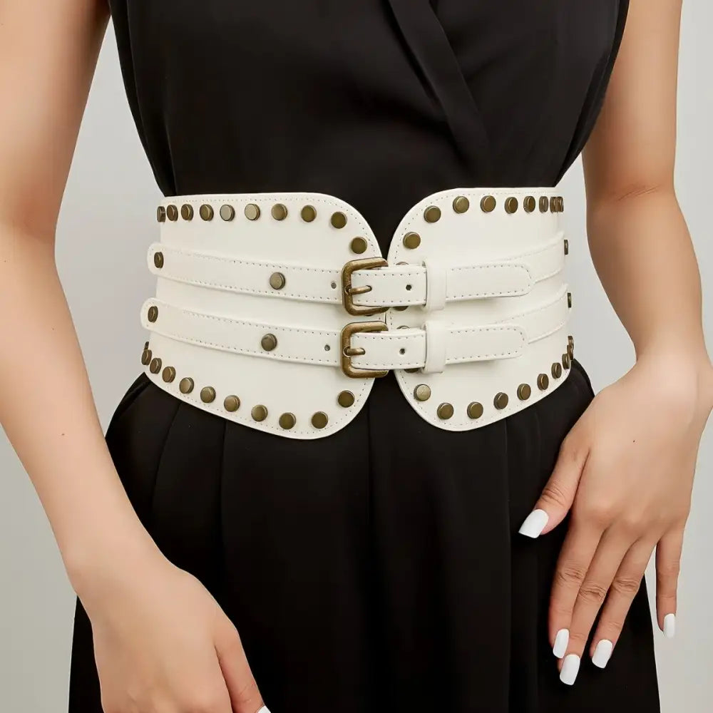 White studded corset belt from Isaline XXL Belt with Studded Design for waist styling