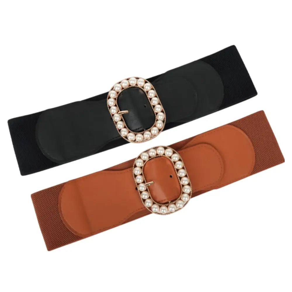 Two Edmée Pearl-Filled Buckle Belts in black and brown with pearl-encrusted buckles
