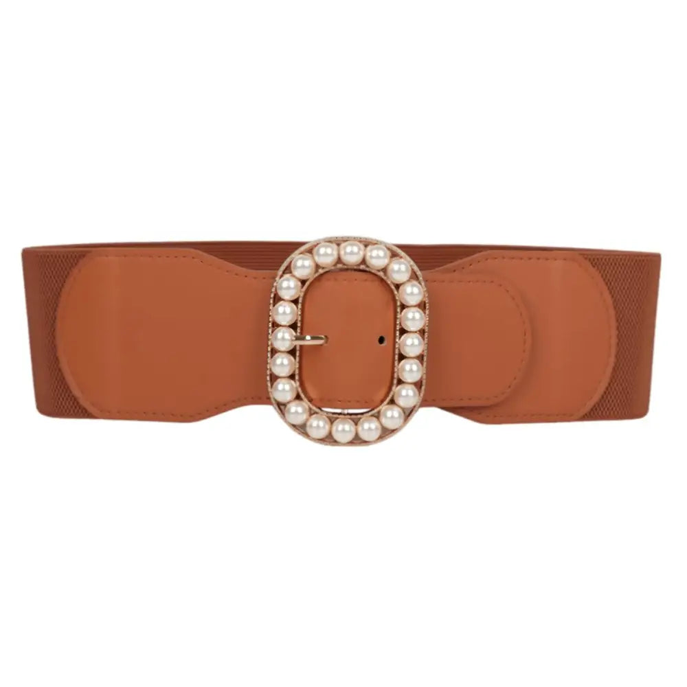 Brown elastic belt with edmée pearl-filled buckle from Edmée Pearl Filled Buckle Belts