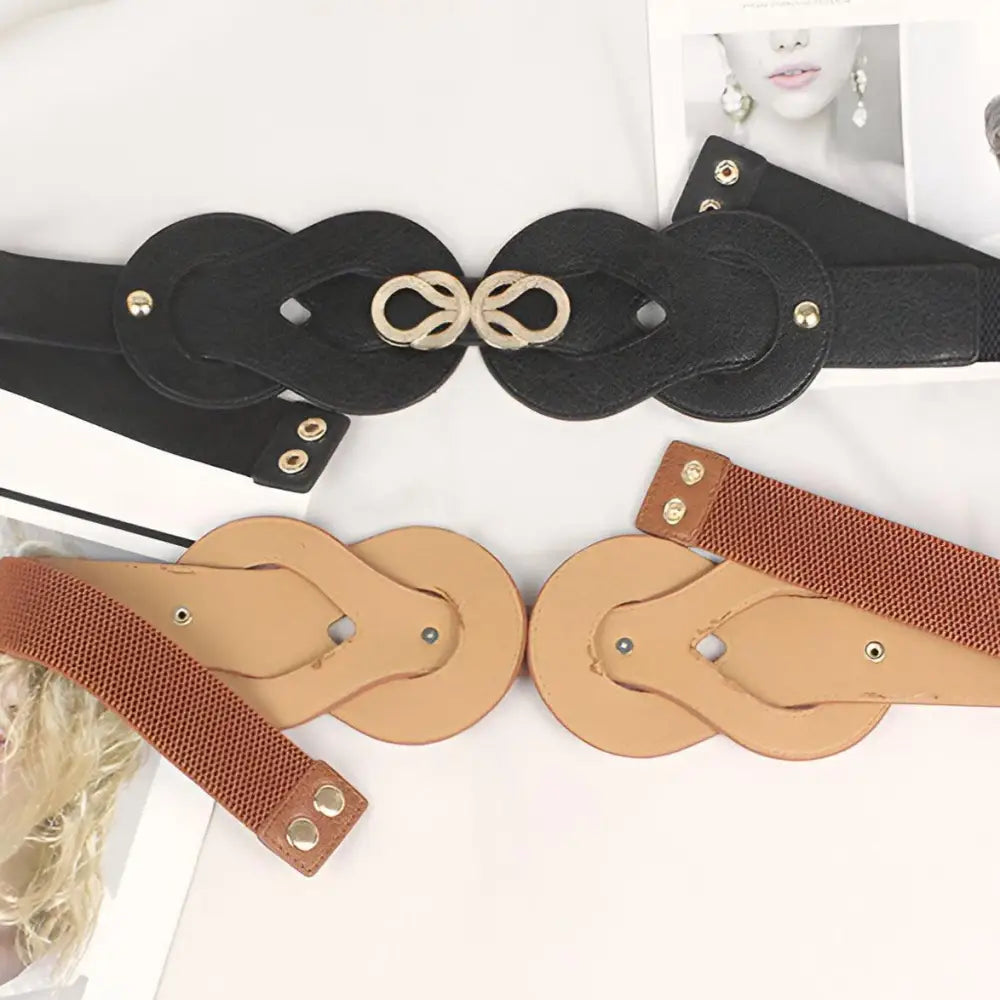 Two elastic waist belts for large XXL and extra large sizes with gold and knot buckles