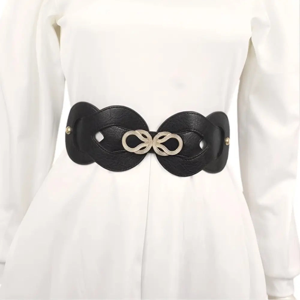 Large XXL black leather belt with decorative gold knot buckle for stylish fashion accessories