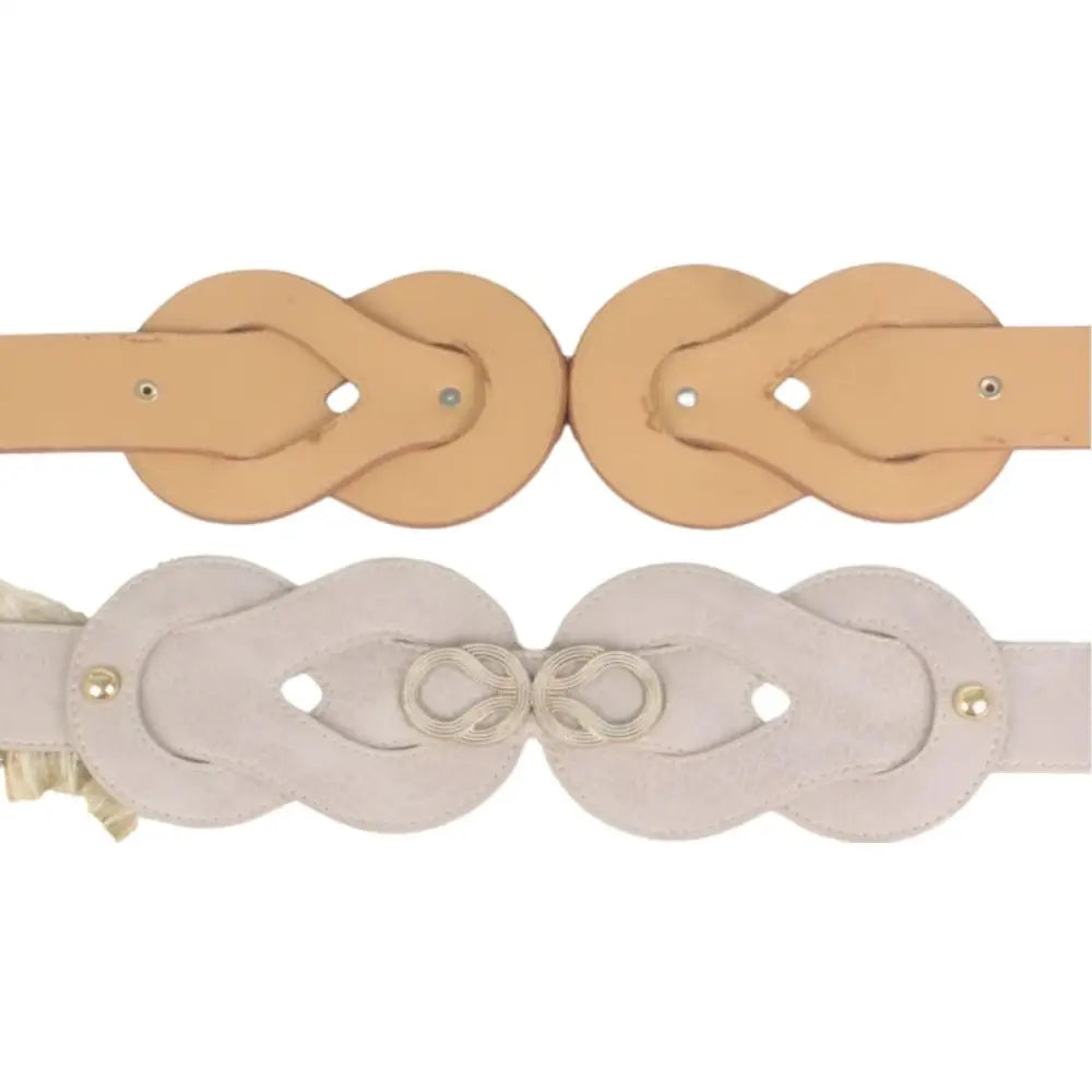Two decorative large XXL leather belts with gold and knot buckles displayed ensemble