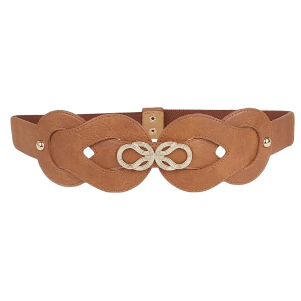 Large XXL leather belt featuring a knot-shaped buckle and gold accents