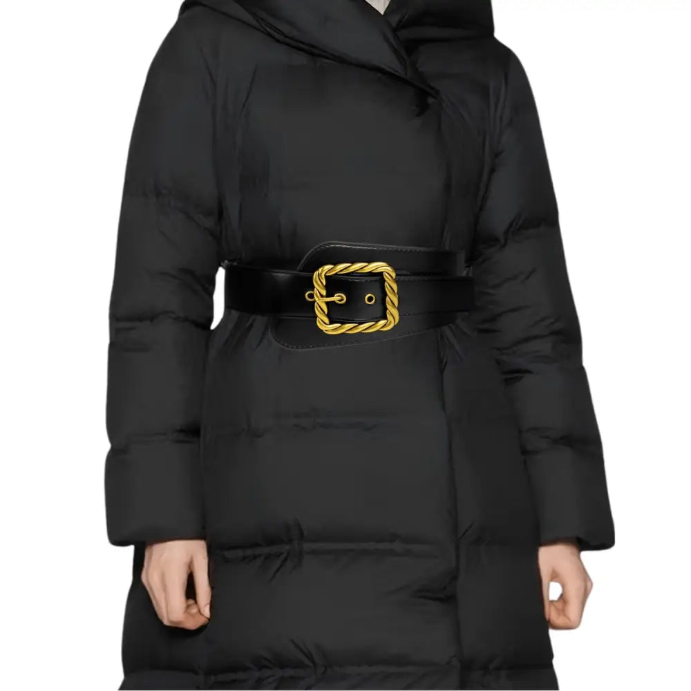 Black puffer coat with gold buckle belt in extra large XXL size for stylish warmth