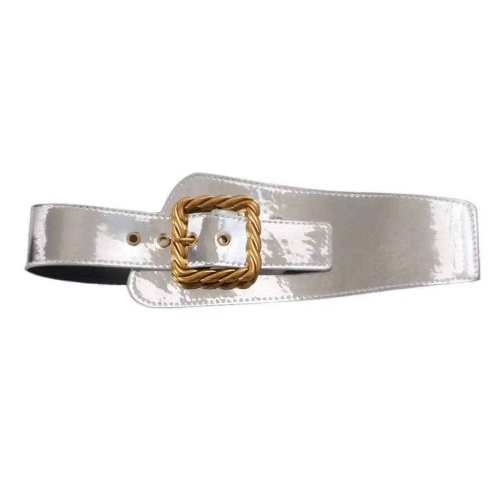 Silver patent leather belt with woven buckle suitable for Black Puffer Coat large XXL sizing