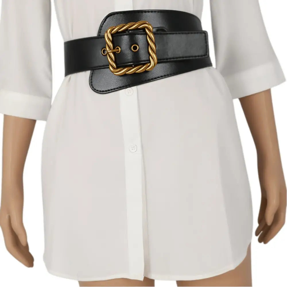 Black puffer coat with large xxl gold buckle belt for extra large size demonstration