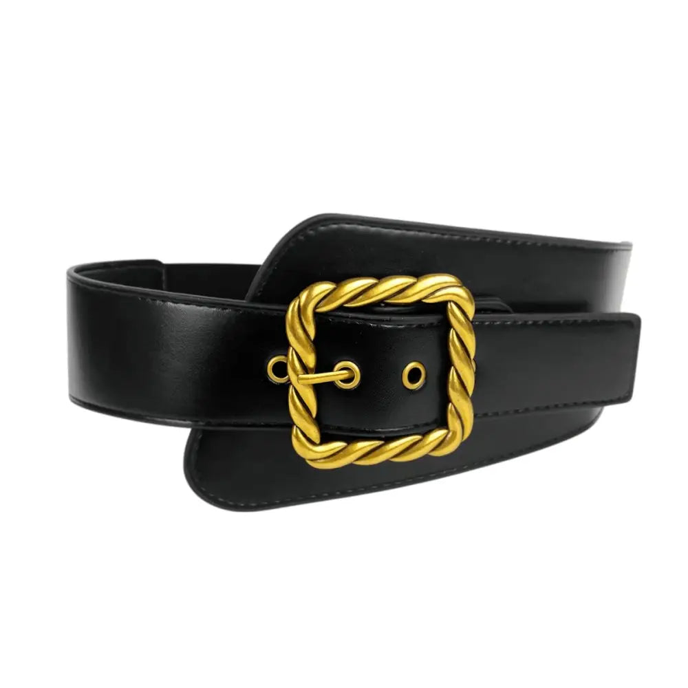 Black leather belt with gold buckle for extra large XXL coats