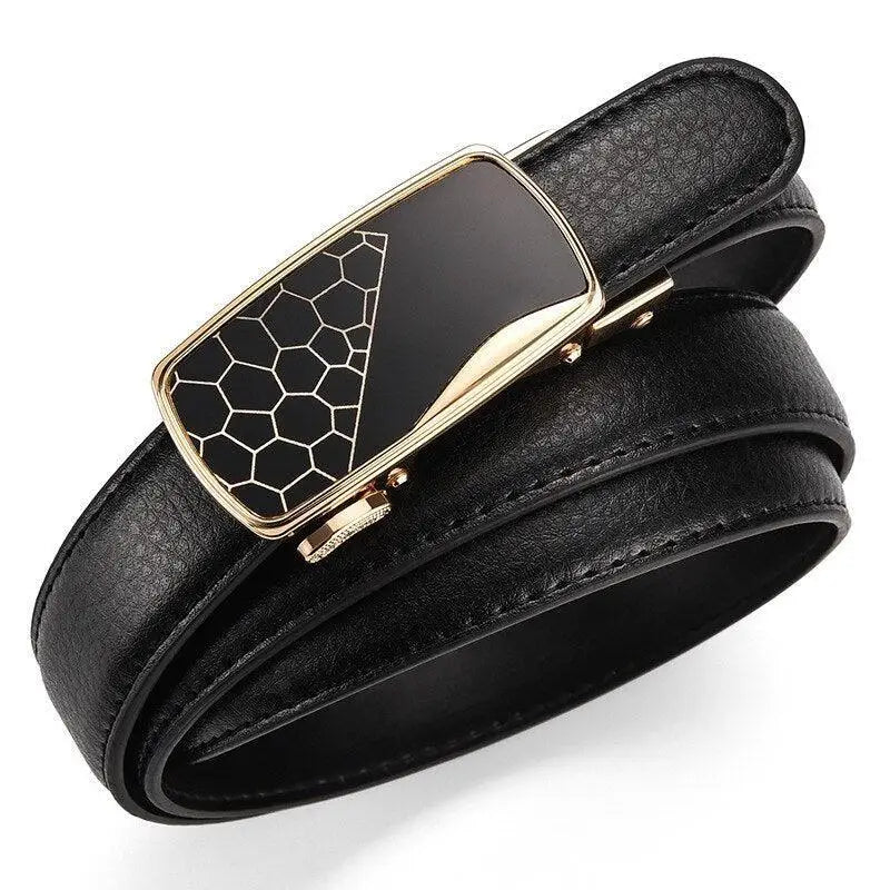 Black leather women’s belt with gold automatic buckle for elegant style