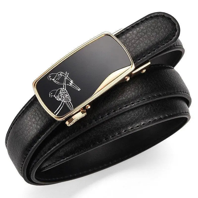 Black leather women’s belt with gold automatic buckle featuring bird-design detail