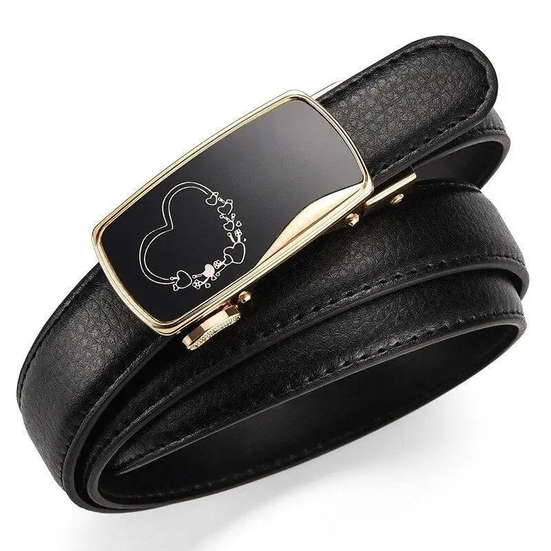 Black leather women’s belt with gold automatic buckle and heart-shaped detail
