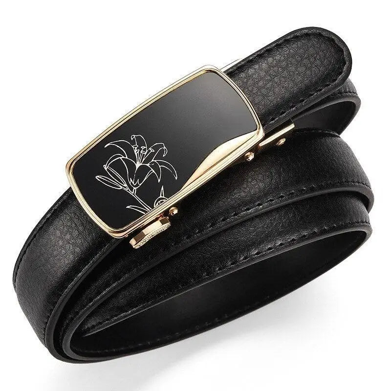 Black leather women’s belt with gold automatic buckle and floral design