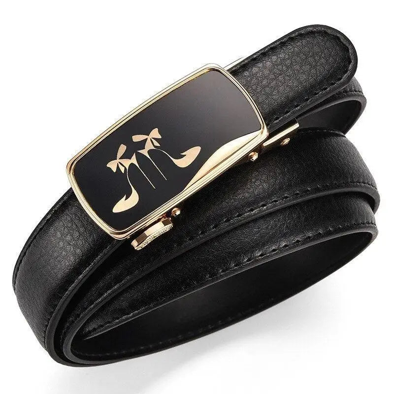 Black leather women’s belt with gold automatic buckle for elegant fashion accessory