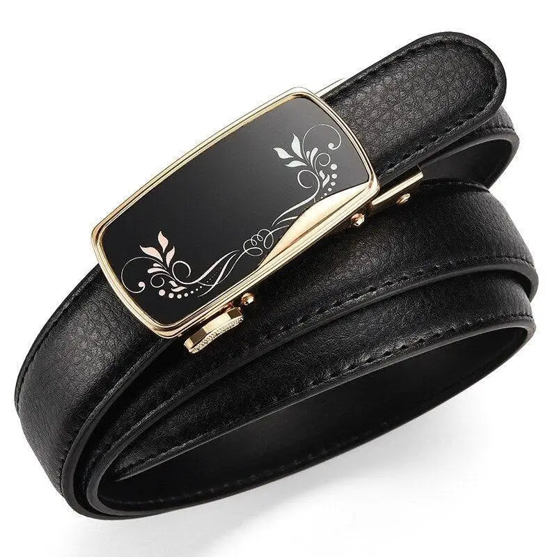 Black leather women’s belt with gold automatic buckle for elegant style