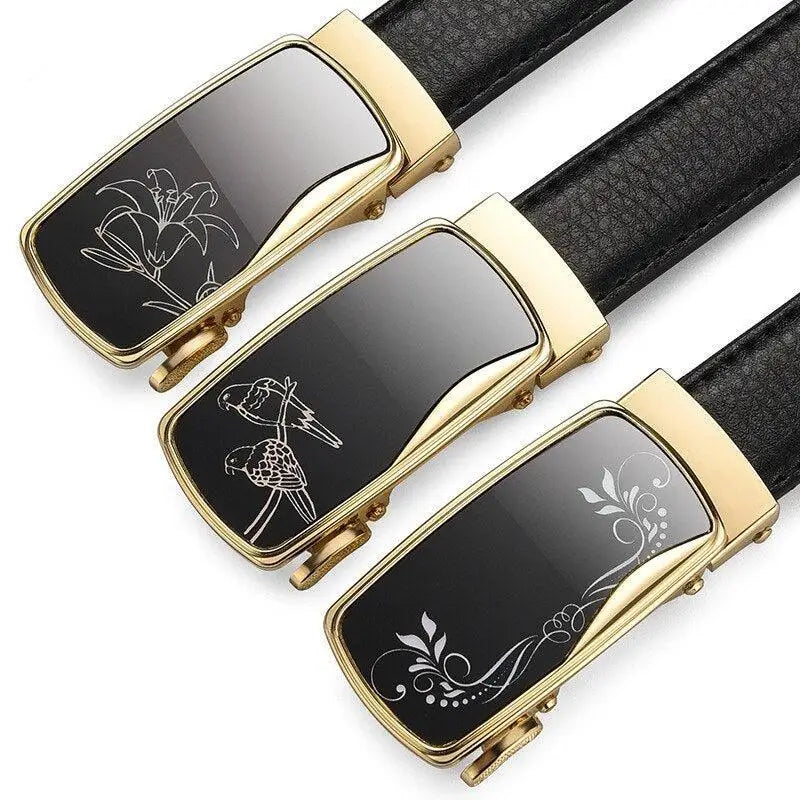 Black leather women’s belt with gold automatic buckle and decorative accents