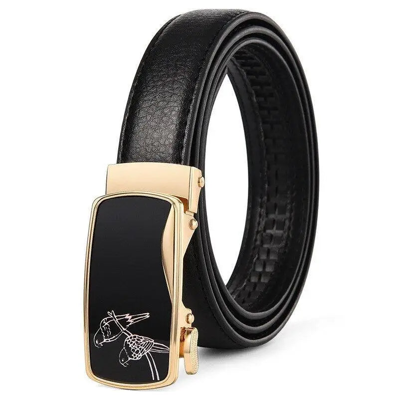 Black leather women’s belt with gold automatic buckle for elegant fashion style