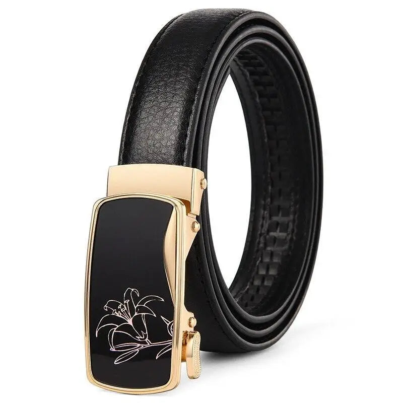 Black leather women’s belt with gold automatic buckle and floral design for elegant style