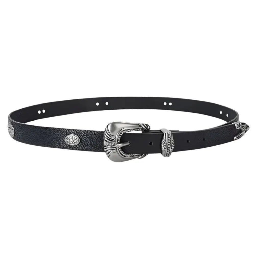 Black leather belt with a silver ornate buckle and decorative accents