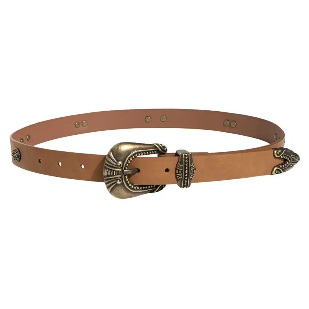 Tan leather belt with ornate metal buckle and decorative accents for stylish wear