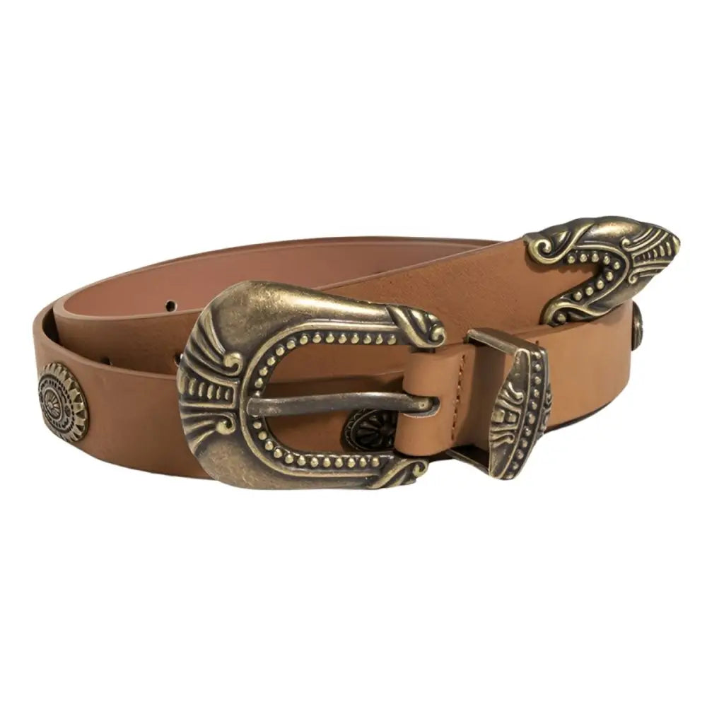 Tan leather belt featuring an ornate metal buckle and tip for a sophisticated look