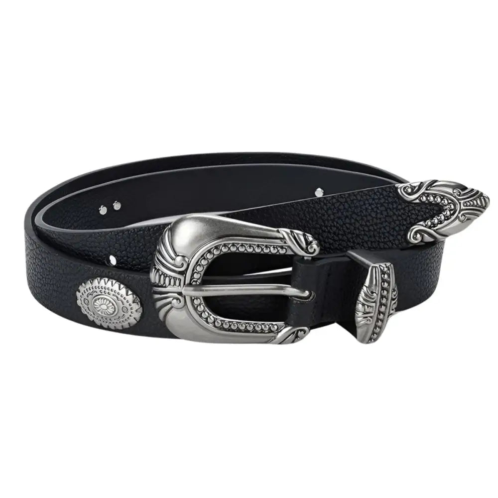 Black western-style belt featuring ornate metal buckle and detailed accents