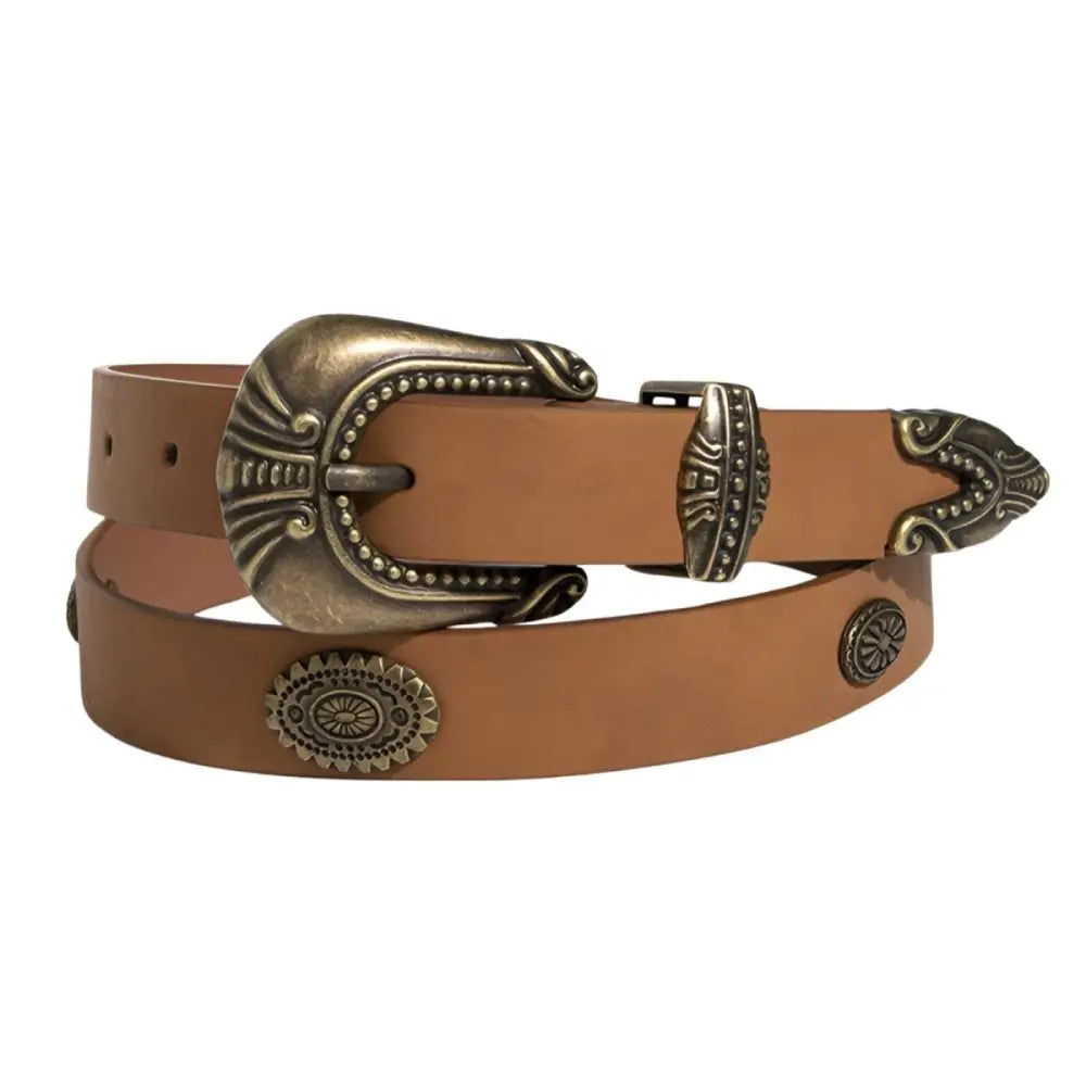 Tan leather belt featuring an ornate metal buckle and decorative accents