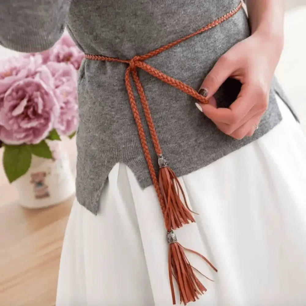 Braided brown belt with tassels from the Tumunia Model Tie Belt collection for women