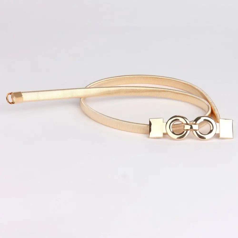 Gold-colored elastic belt with interlocking circle buckle for elegant style
