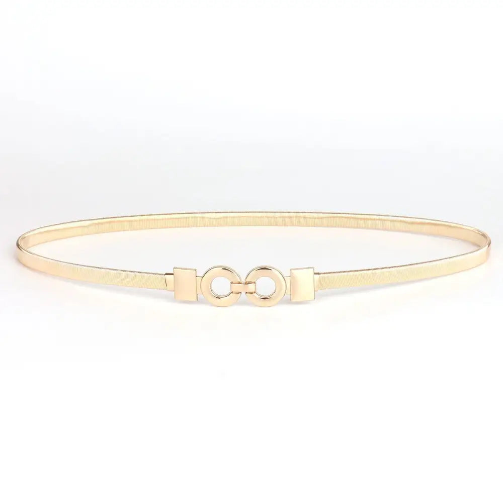 Gold belt with interlocking circle buckle for elegant style and sophisticated fashion