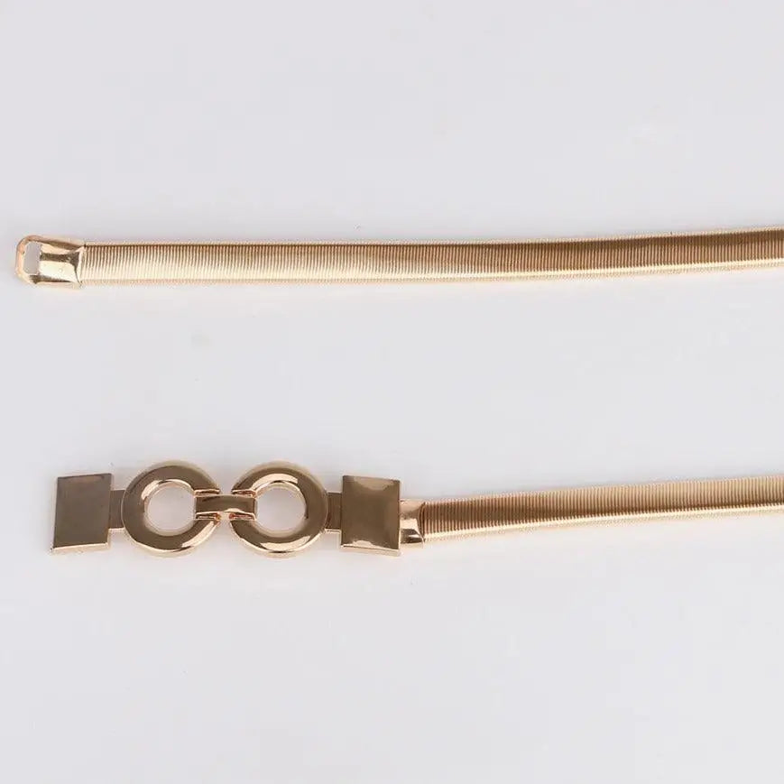 Gold-colored elastic belt with interlocking circle buckle for elegant style