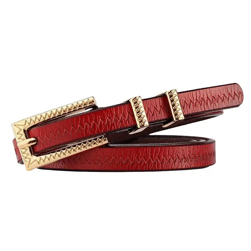 Red leather belt with gold buckle from Leather Belts with Gold Buckle in Brown and Red Options