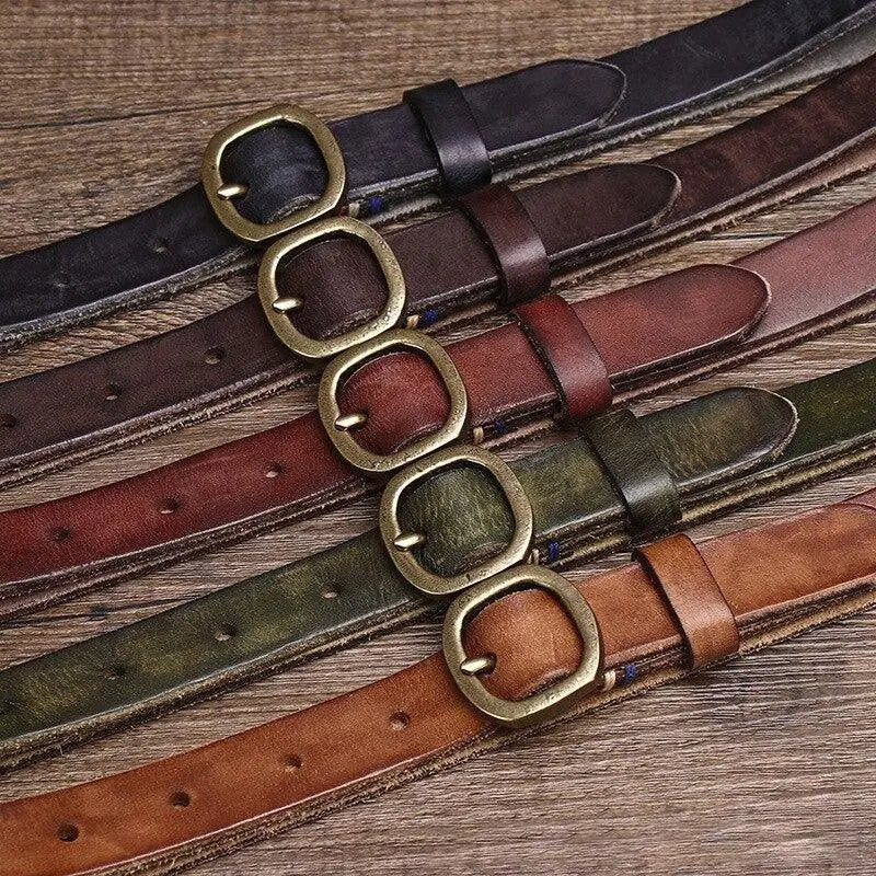 Assorted green leather belts with Brass Buckles displayed in a product image