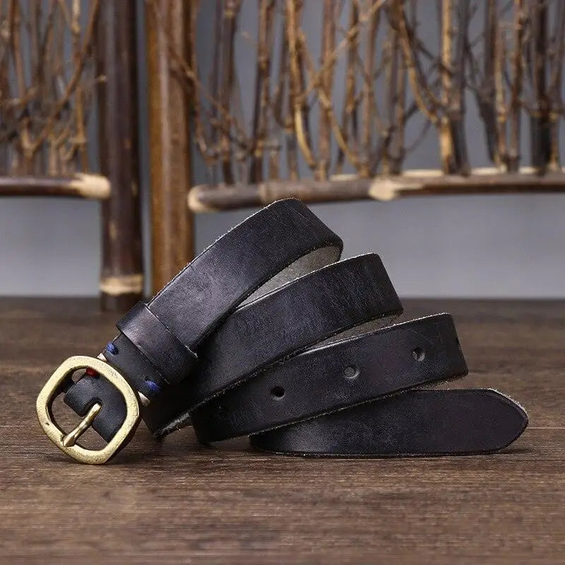 Assorted Green Leather Belts with Brass Buckles showcasing a black leather belt with brass buckle