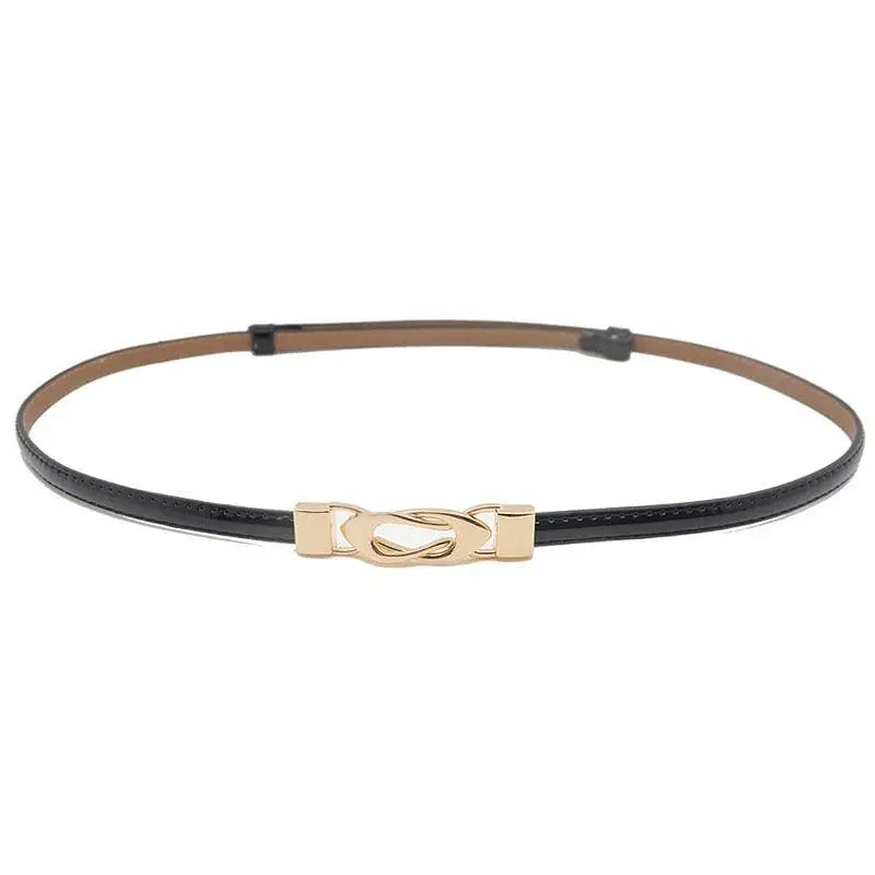 Black patent leather belt with a gold decorative buckle for stylish formal wear