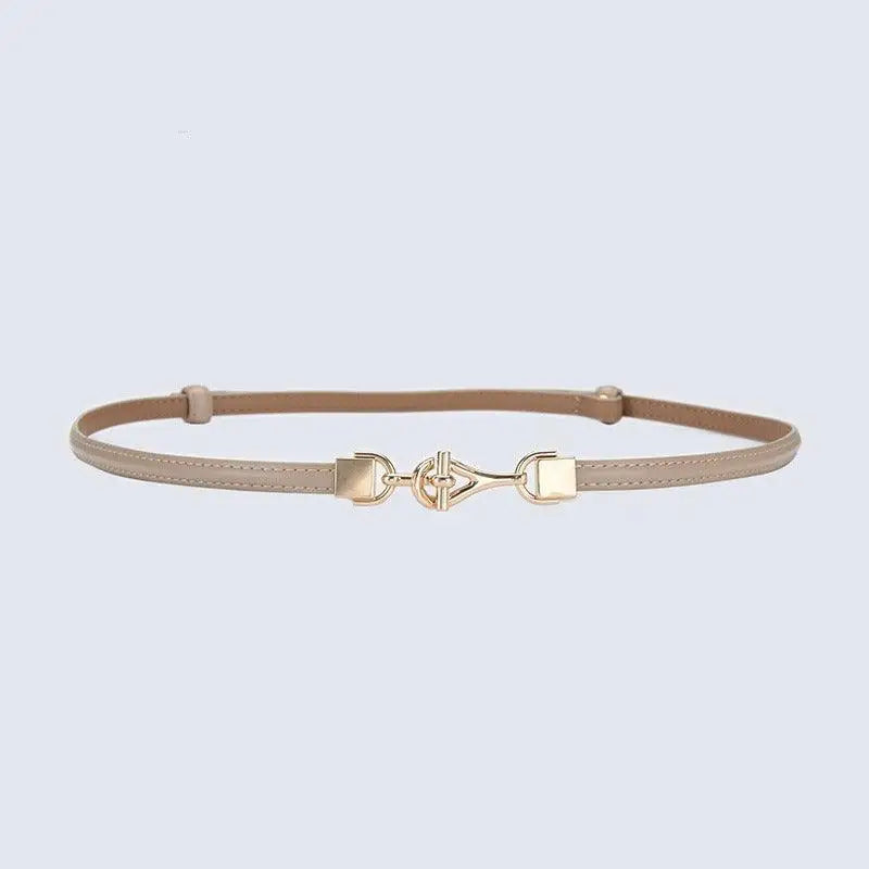 Beige leather shaqi model belt with decorative gold buckle for stylish looks
