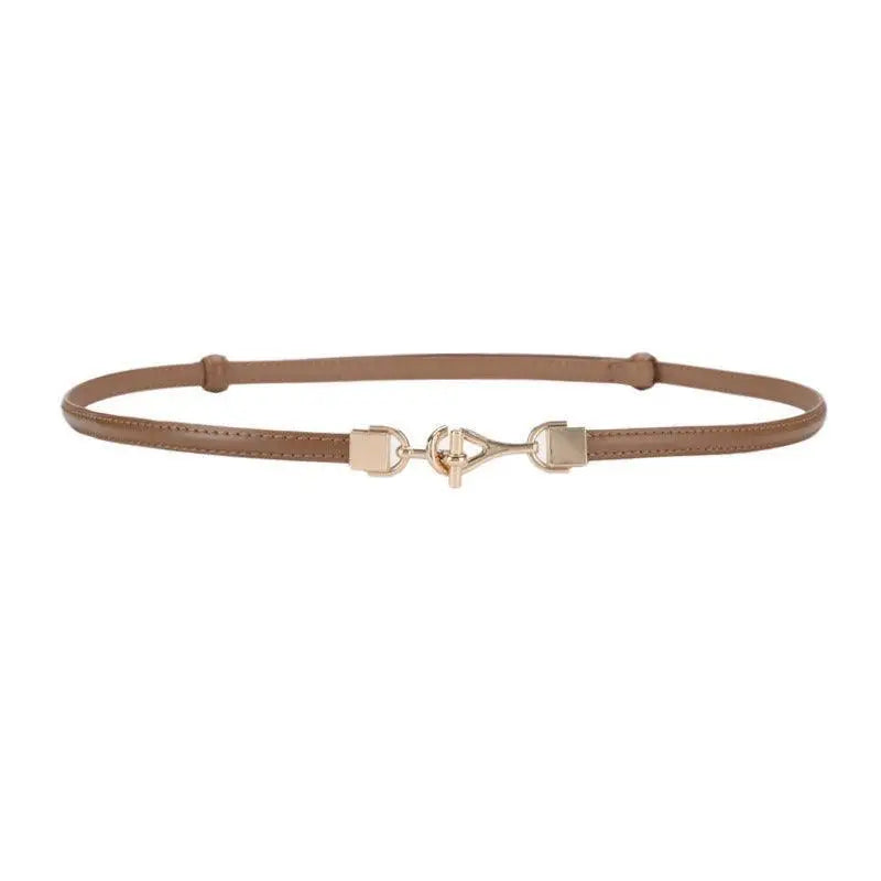 Thin brown Shaqi Model Belt with decorative gold buckle for stylish dress accessorizing