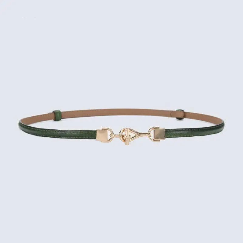 Green leather Shaqi Model Belt with decorative gold buckle perfect for stylish outfits