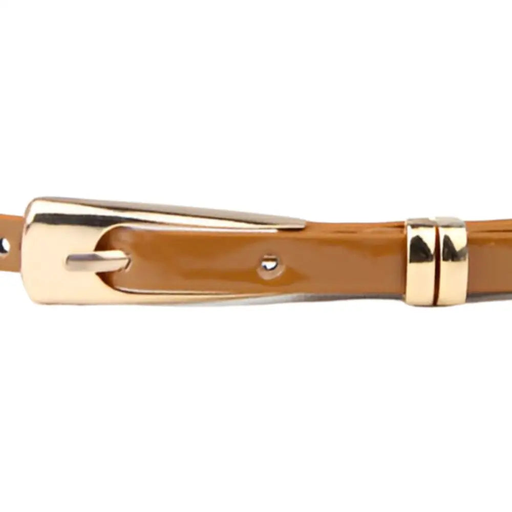 Brown patent leather belt with gold buckle included in Floral Dress with Phoenix Belt and Leopard Print Skinny Belt