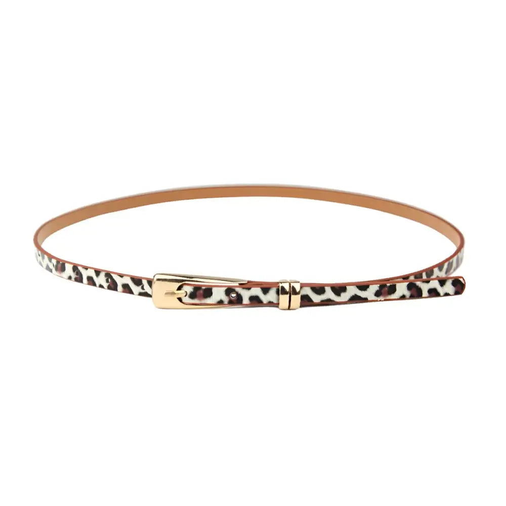 Leopard print skinny belt with gold buckle featuring a Phoenix Belt in floral dress ensemble