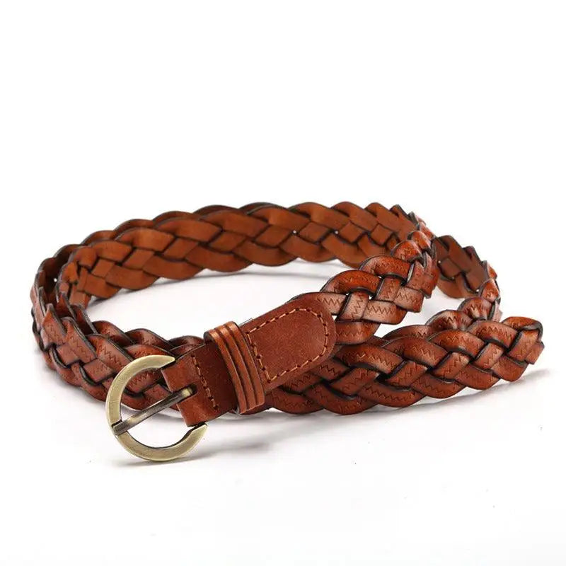 Braided brown leather belt for denim shorts in the product Braided Burgundy and Brown Leather Belts