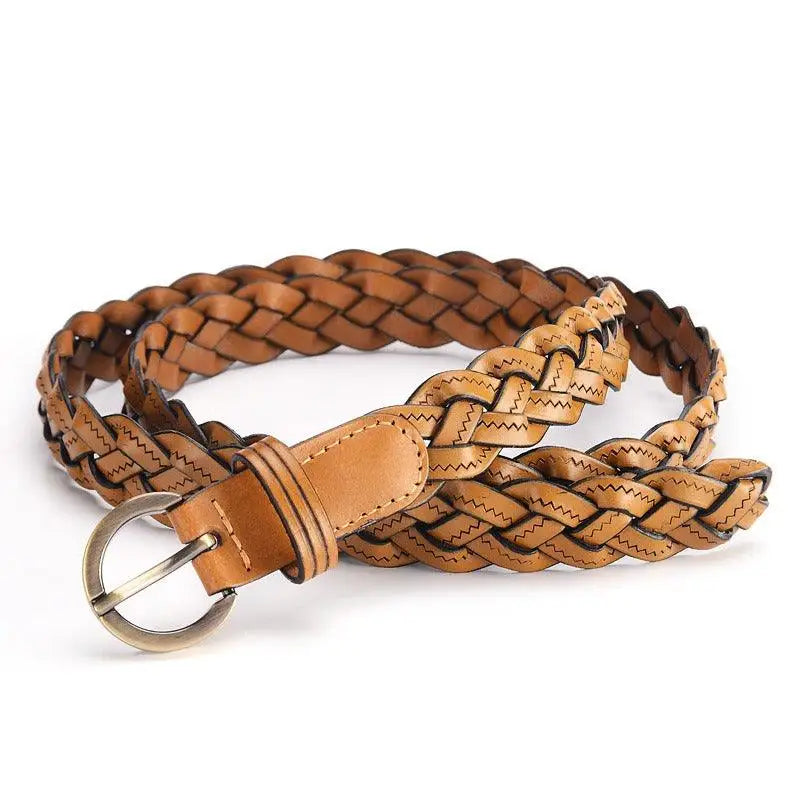 Braided brown leather belt displayed with Burgundy and Brown Leather Belts for Denim Shorts