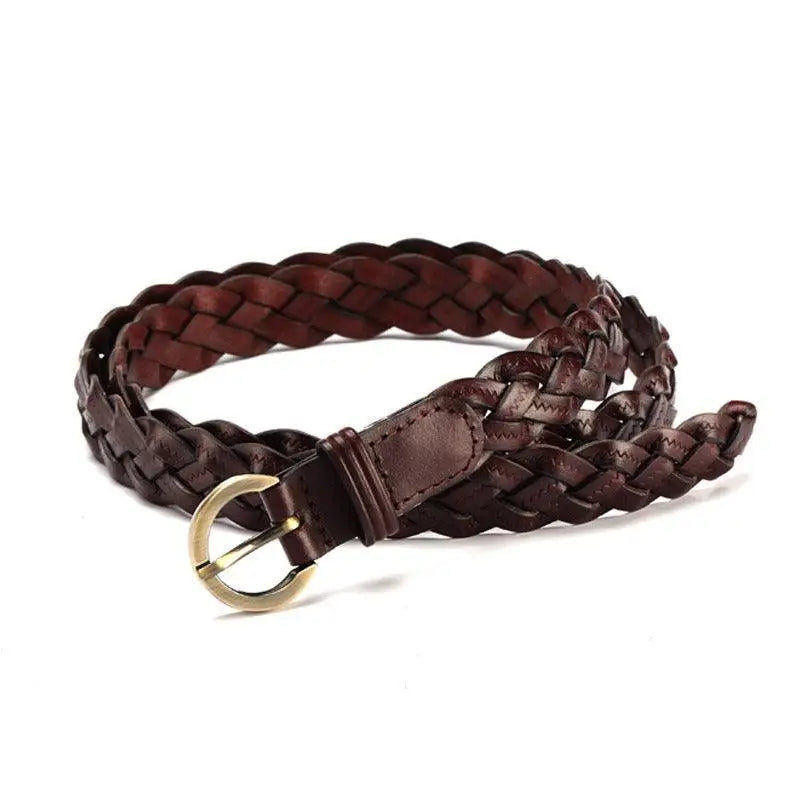 Braided brown leather belt with gold buckle for denim shorts and casual fashion