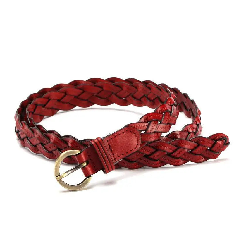 Braided red leather belt with brass buckle, ideal for Burgundy and Brown Leather Belts for Denim Shorts