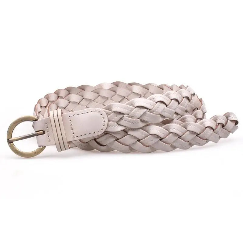 Braided light gray belt displayed with Braided Burgundy and Brown Leather Belts for Denim Shorts