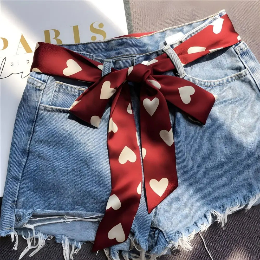 Denim shorts with Burgundy Heart Patterned Scarf featuring white hearts for stylish wear
