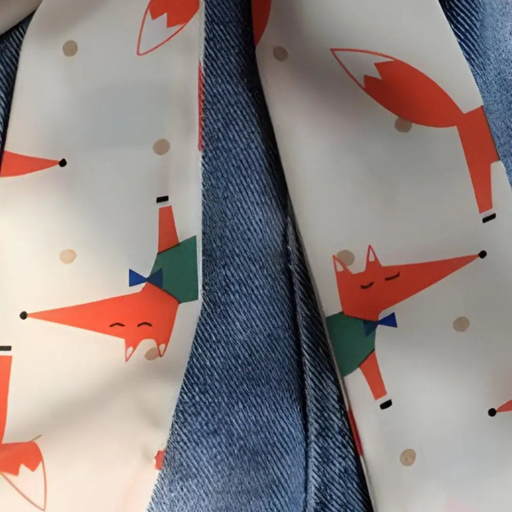 Denim jacket paired with a fox-patterned scarf from Fashionable Denim Outfits collection