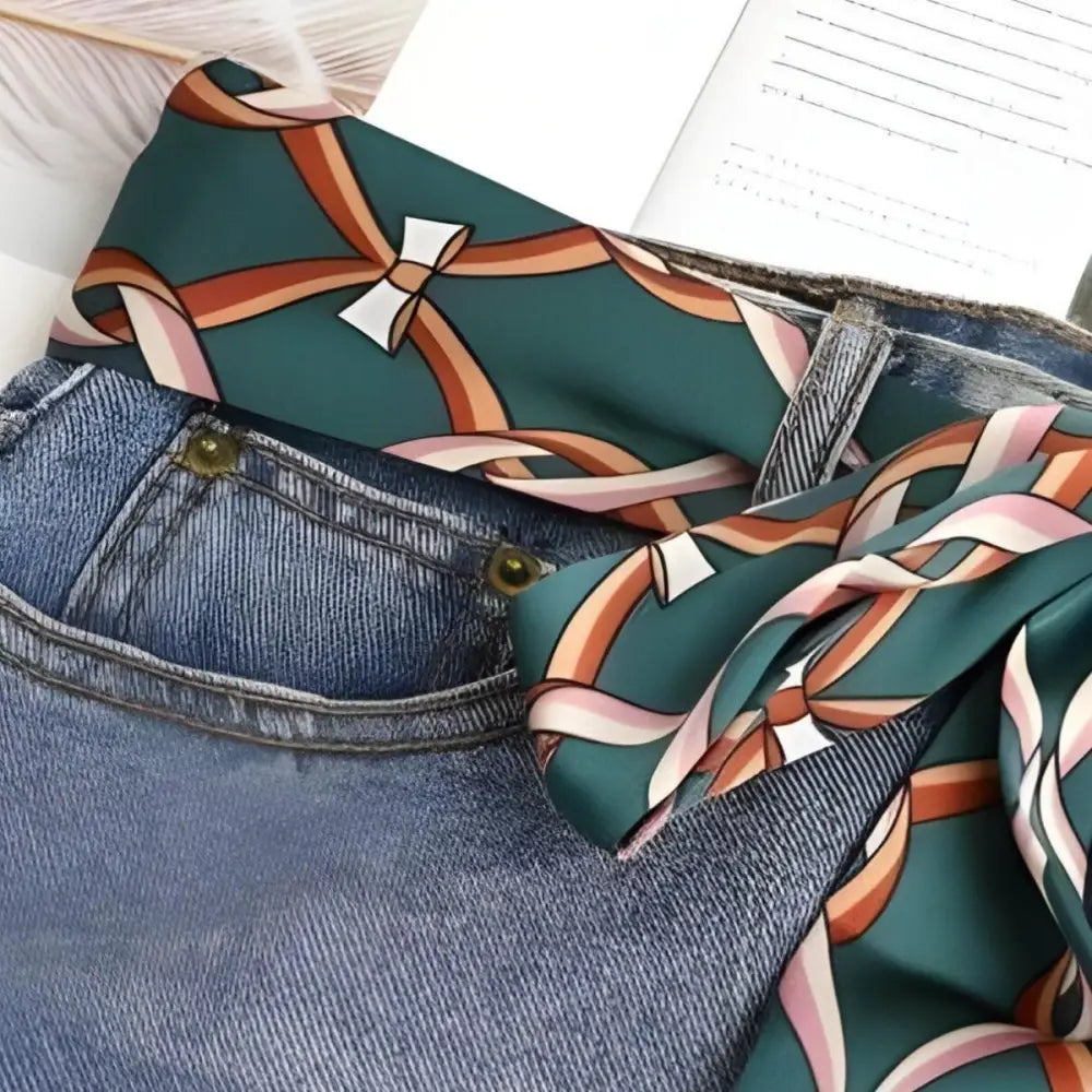 Blue denim jeans with solano ribbon pattern scarf belt and green ribbon pattern scarf