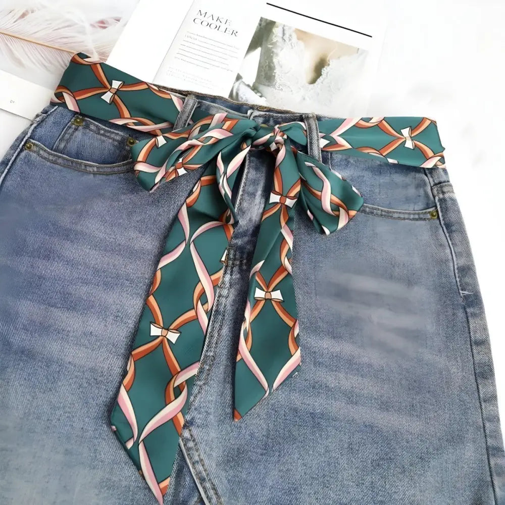 Blue denim skirt with solano ribbon pattern scarf belt and green ribbon pattern scarf