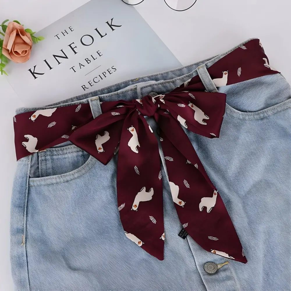 Light blue denim skirt with alpaca-patterned scarf belt inspired by South American designs