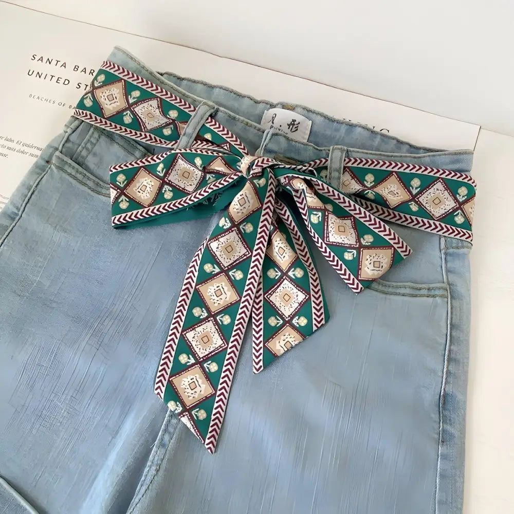Light blue Denim Shorts with Borra Scarf Belt and patterned sash for stylish casual wear