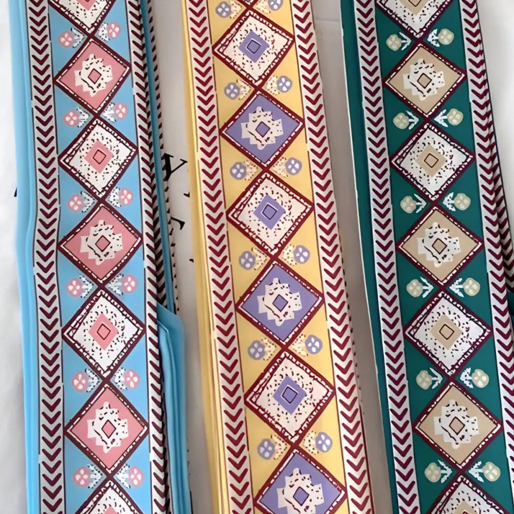 Colorful patterned fabric strips from borra scarf belt on Light Blue Denim Shorts